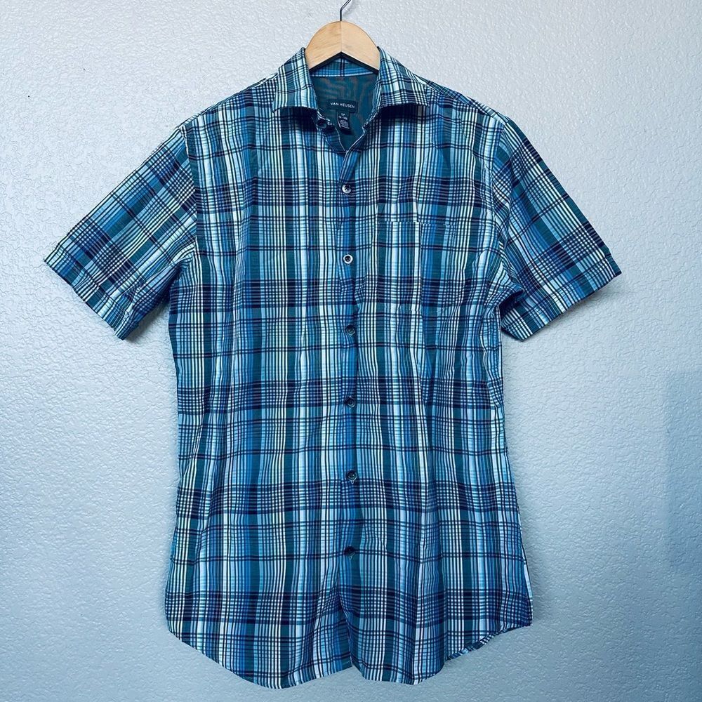 Van Heusen Blue Plaid Lightweight Easy Care Button-Down Shirt S